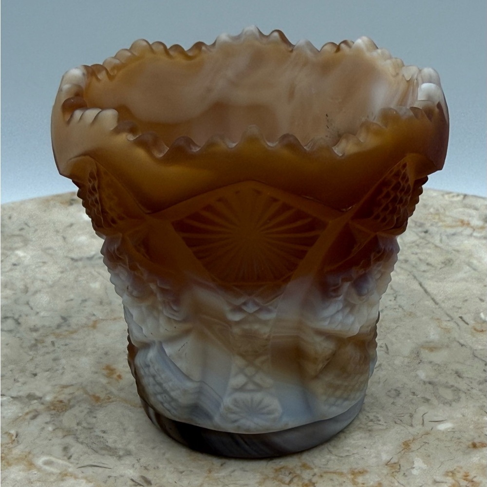 Vintage Imperial Glass Daisy & Button Caramel Slag Toothpick / Matchstick Holder